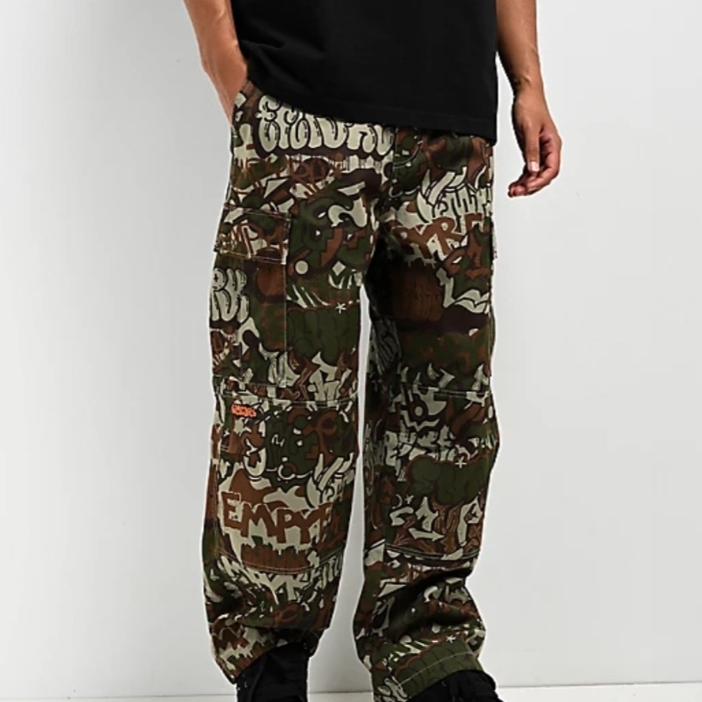 Empyre Men's Cargo Pants in Green & Brown Camo Graffiti